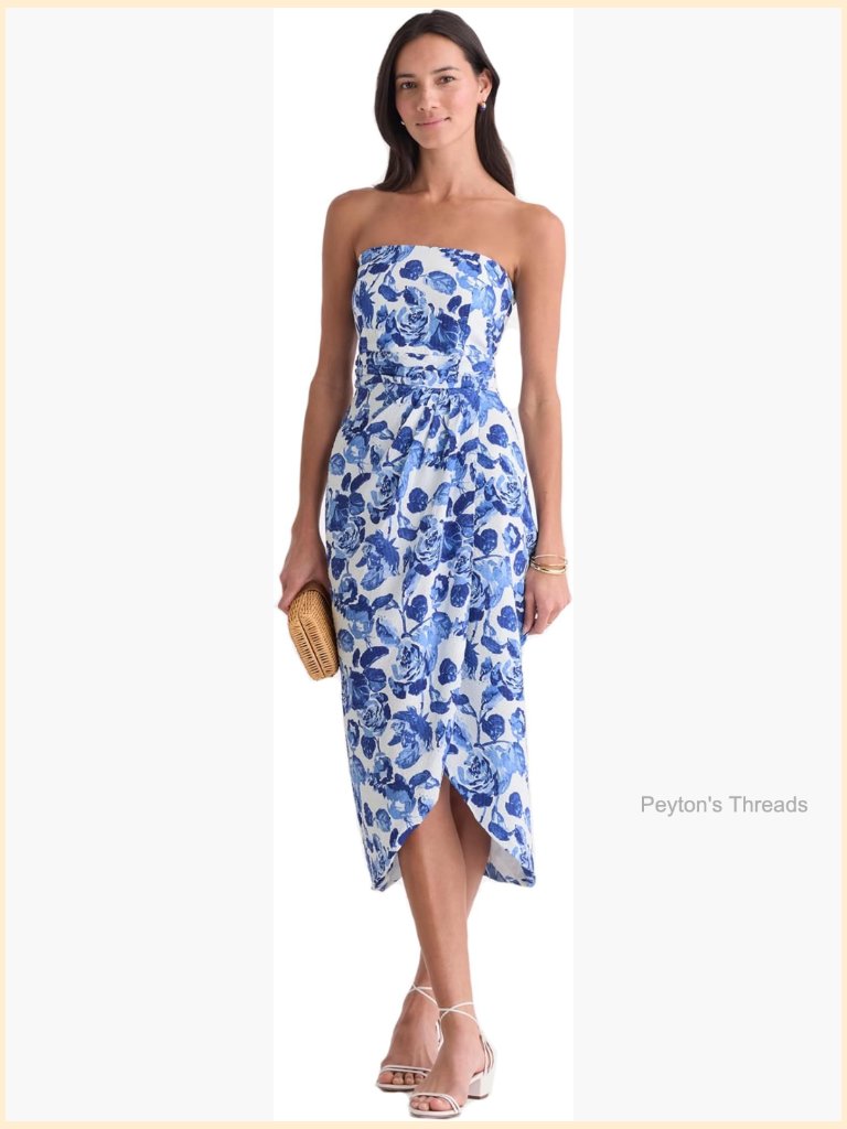 Strapless Midi Dress With Floral Pattern, Seersucker Fabric, Smocked Back